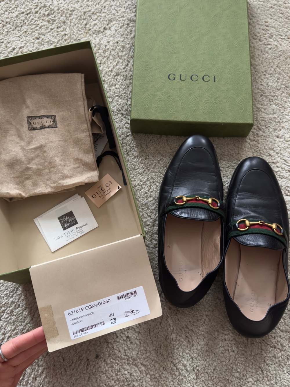 Gucci Black Leather Men’s Horsebit Slip-On Loafers with Green-Red Web